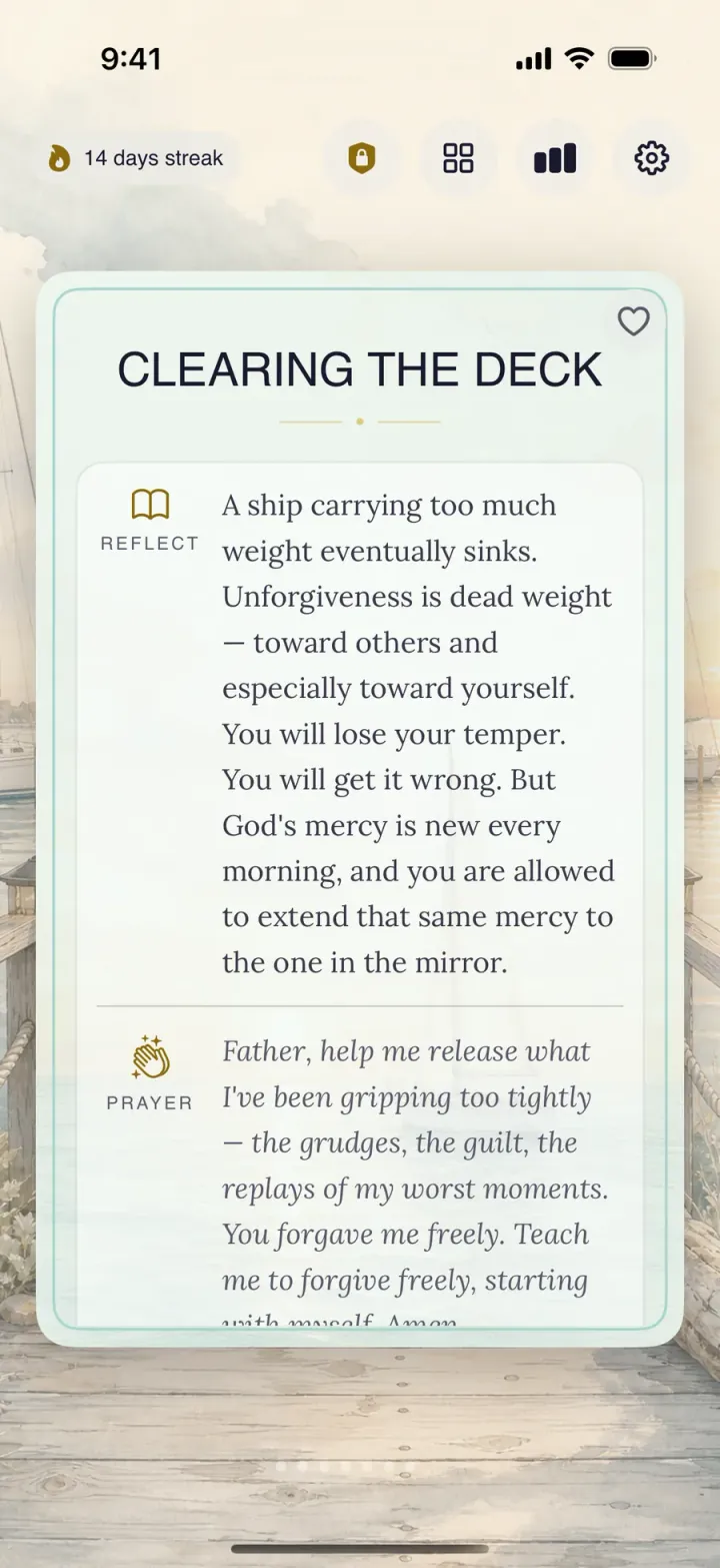The back of the same Harbor & Cross daily card with the Reflect passage and a written prayer